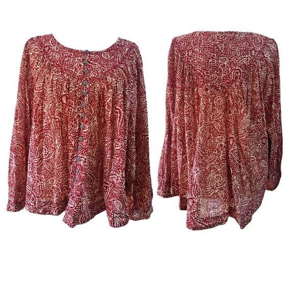 We Free People Cool Meadow Printed Rust Red Balloon Sleeve Boho Tunic Top Sz S - Picture 5 of 9